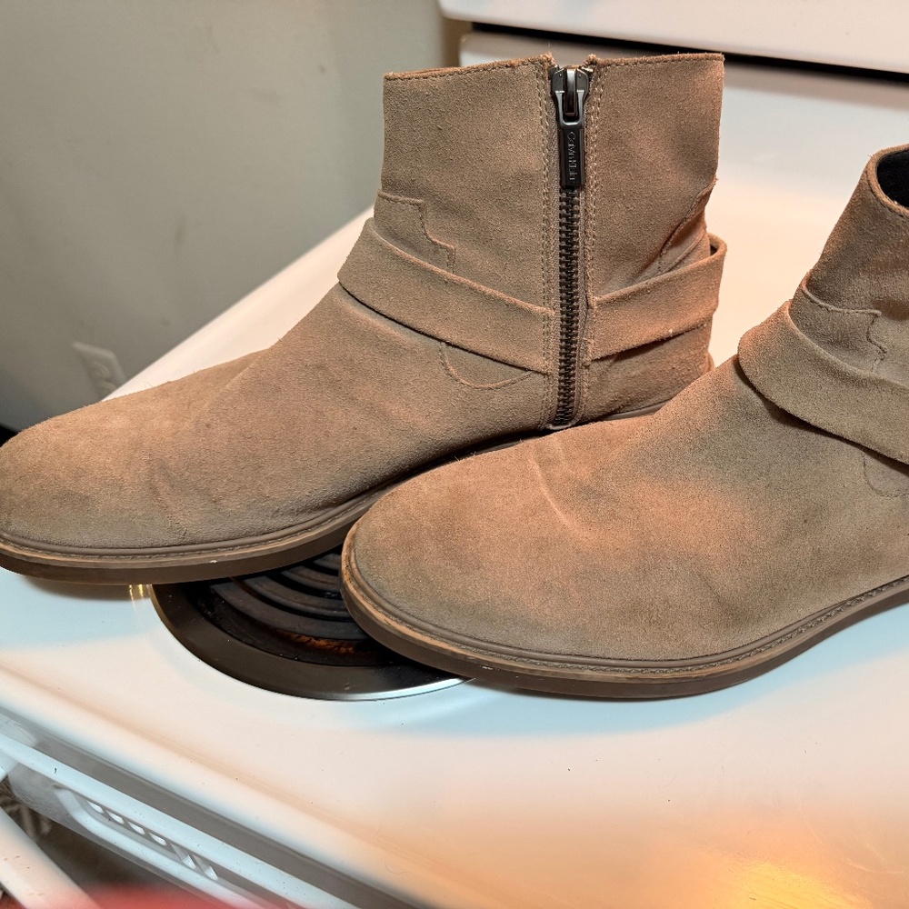 Calvin Klein Taupe Suede Ankle Boots – Side Zip Harness Strap – Men’s